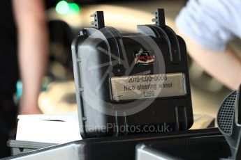 World © Octane Photographic Ltd. Formula 1 - Japanese Grand Prix - Saturday - Practice 3. Nico Rosberg's steering wheel box still in use - Mercedes AMG Petronas F1 W08 EQ Energy+. Suzuka Circuit, Suzuka, Japan. Saturday 7th October 2017. Digital Ref:1976LB1D8879