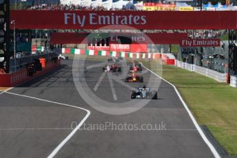 World © Octane Photographic Ltd. Formula 1 - Japanese Grand Prix - Sunday - Race. Lap 2, Lewis Hamilton still leads in his Mercedes AMG Petronas F1 W08 EQ Energy+ ahead of Max Verstappen's Red Bull Racing RB13 as Vettel's Ferrari starts to fall back. Suzuka Circuit, Suzuka, Japan. Sunday 8th October 2017. Digital Ref:1980LB1D0498