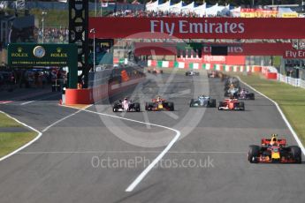 World © Octane Photographic Ltd. Formula 1 - Japanese Grand Prix - Sunday - Race. Lap2, Esteban Ocon - Sahara Force India VJM10, Daniel Ricciardo - Red Bull Racing RB13, Valtteri Bottas - Mercedes AMG Petronas F1 W08 EQ Energy+ and Sebastian Vettel - Scuderia Ferrari SF70H all contest the corner. Suzuka Circuit, Suzuka, Japan. Sunday 8th October 2017. Digital Ref:1980LB1D0514