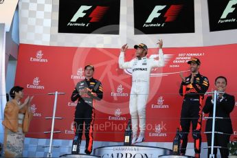 World © Octane Photographic Ltd. Formula 1 - Japanese Grand Prix - Sunday - Podium. Lewis Hamilton - Mercedes AMG Petronas F1 W08 EQ Energy+, Max Verstappen and Daniel Ricciardo - Red Bull Racing RB13. Suzuka Circuit, Suzuka, Japan. Sunday 8th October 2017. Digital Ref:1981LB1D1135
