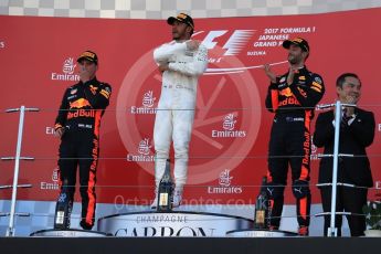 World © Octane Photographic Ltd. Formula 1 - Japanese Grand Prix - Sunday - Podium. Lewis Hamilton - Mercedes AMG Petronas F1 W08 EQ Energy+, Max Verstappen and Daniel Ricciardo - Red Bull Racing RB13. Suzuka Circuit, Suzuka, Japan. Sunday 8th October 2017. Digital Ref:1981LB1D1143