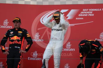 World © Octane Photographic Ltd. Formula 1 - Japanese Grand Prix - Sunday - Podium. Lewis Hamilton - Mercedes AMG Petronas F1 W08 EQ Energy+, Max Verstappen and Daniel Ricciardo - Red Bull Racing RB13. Suzuka Circuit, Suzuka, Japan. Sunday 8th October 2017. Digital Ref:1981LB1D1161