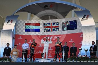 World © Octane Photographic Ltd. Formula 1 - Japanese Grand Prix - Sunday - Podium. Lewis Hamilton - Mercedes AMG Petronas F1 W08 EQ Energy+, Max Verstappen and Daniel Ricciardo - Red Bull Racing RB13. Suzuka Circuit, Suzuka, Japan. Sunday 8th October 2017. Digital Ref:1981LB1D1173