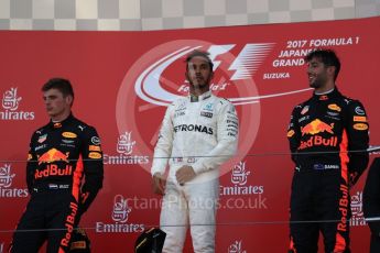 World © Octane Photographic Ltd. Formula 1 - Japanese Grand Prix - Sunday - Podium. Lewis Hamilton - Mercedes AMG Petronas F1 W08 EQ Energy+, Max Verstappen and Daniel Ricciardo - Red Bull Racing RB13. Suzuka Circuit, Suzuka, Japan. Sunday 8th October 2017. Digital Ref:1981LB1D1192