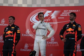 World © Octane Photographic Ltd. Formula 1 - Japanese Grand Prix - Sunday - Podium. Lewis Hamilton - Mercedes AMG Petronas F1 W08 EQ Energy+, Max Verstappen and Daniel Ricciardo - Red Bull Racing RB13. Suzuka Circuit, Suzuka, Japan. Sunday 8th October 2017. Digital Ref:1981LB1D1201