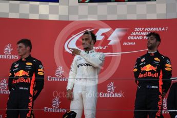 World © Octane Photographic Ltd. Formula 1 - Japanese Grand Prix - Sunday - Podium. Lewis Hamilton - Mercedes AMG Petronas F1 W08 EQ Energy+, Max Verstappen and Daniel Ricciardo - Red Bull Racing RB13. Suzuka Circuit, Suzuka, Japan. Sunday 8th October 2017. Digital Ref:1981LB1D1222