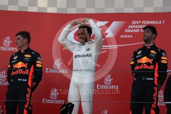 World © Octane Photographic Ltd. Formula 1 - Japanese Grand Prix - Sunday - Podium. Lewis Hamilton - Mercedes AMG Petronas F1 W08 EQ Energy+, Max Verstappen and Daniel Ricciardo - Red Bull Racing RB13. Suzuka Circuit, Suzuka, Japan. Sunday 8th October 2017. Digital Ref:1981LB1D1229