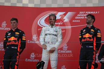 World © Octane Photographic Ltd. Formula 1 - Japanese Grand Prix - Sunday - Podium. Lewis Hamilton - Mercedes AMG Petronas F1 W08 EQ Energy+, Max Verstappen and Daniel Ricciardo - Red Bull Racing RB13. Suzuka Circuit, Suzuka, Japan. Sunday 8th October 2017. Digital Ref:1981LB1D1244