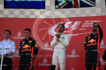 World © Octane Photographic Ltd. Formula 1 - Japanese Grand Prix - Sunday - Podium. Lewis Hamilton - Mercedes AMG Petronas F1 W08 EQ Energy+, Max Verstappen and Daniel Ricciardo - Red Bull Racing RB13. Suzuka Circuit, Suzuka, Japan. Sunday 8th October 2017. Digital Ref:1981LB1D1256