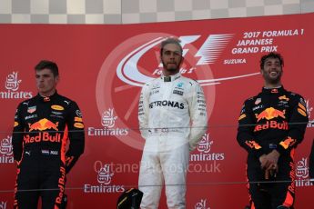 World © Octane Photographic Ltd. Formula 1 - Japanese Grand Prix - Sunday - Podium. Lewis Hamilton - Mercedes AMG Petronas F1 W08 EQ Energy+, Max Verstappen and Daniel Ricciardo - Red Bull Racing RB13. Suzuka Circuit, Suzuka, Japan. Sunday 8th October 2017. Digital Ref:1981LB1D1280