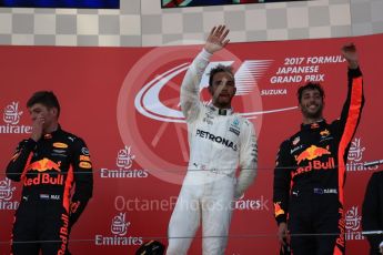 World © Octane Photographic Ltd. Formula 1 - Japanese Grand Prix - Sunday - Podium. Lewis Hamilton - Mercedes AMG Petronas F1 W08 EQ Energy+, Max Verstappen and Daniel Ricciardo - Red Bull Racing RB13. Suzuka Circuit, Suzuka, Japan. Sunday 8th October 2017. Digital Ref:1981LB1D1288