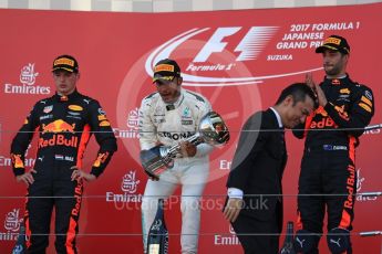 World © Octane Photographic Ltd. Formula 1 - Japanese Grand Prix - Sunday - Podium. Lewis Hamilton - Mercedes AMG Petronas F1 W08 EQ Energy+, Max Verstappen and Daniel Ricciardo - Red Bull Racing RB13. Suzuka Circuit, Suzuka, Japan. Sunday 8th October 2017. Digital Ref:1981LB1D1324