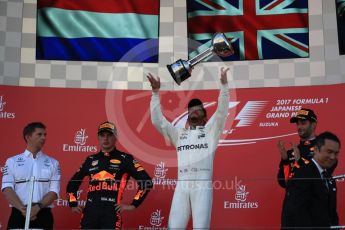 World © Octane Photographic Ltd. Formula 1 - Japanese Grand Prix - Sunday - Podium. Lewis Hamilton - Mercedes AMG Petronas F1 W08 EQ Energy+, Max Verstappen and Daniel Ricciardo - Red Bull Racing RB13. Suzuka Circuit, Suzuka, Japan. Sunday 8th October 2017. Digital Ref:1981LB1D1328