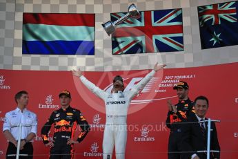 World © Octane Photographic Ltd. Formula 1 - Japanese Grand Prix - Sunday - Podium. Lewis Hamilton - Mercedes AMG Petronas F1 W08 EQ Energy+, Max Verstappen and Daniel Ricciardo - Red Bull Racing RB13. Suzuka Circuit, Suzuka, Japan. Sunday 8th October 2017. Digital Ref:1981LB1D1331