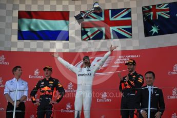 World © Octane Photographic Ltd. Formula 1 - Japanese Grand Prix - Sunday - Podium. Lewis Hamilton - Mercedes AMG Petronas F1 W08 EQ Energy+, Max Verstappen and Daniel Ricciardo - Red Bull Racing RB13. Suzuka Circuit, Suzuka, Japan. Sunday 8th October 2017. Digital Ref:1981LB1D1333