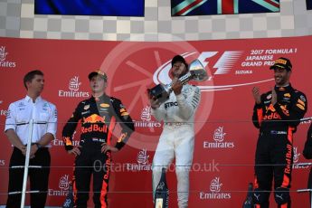 World © Octane Photographic Ltd. Formula 1 - Japanese Grand Prix - Sunday - Podium. Lewis Hamilton - Mercedes AMG Petronas F1 W08 EQ Energy+, Max Verstappen and Daniel Ricciardo - Red Bull Racing RB13. Suzuka Circuit, Suzuka, Japan. Sunday 8th October 2017. Digital Ref:1981LB1D1340