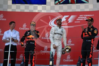 World © Octane Photographic Ltd. Formula 1 - Japanese Grand Prix - Sunday - Podium. Lewis Hamilton - Mercedes AMG Petronas F1 W08 EQ Energy+, Max Verstappen and Daniel Ricciardo - Red Bull Racing RB13. Suzuka Circuit, Suzuka, Japan. Sunday 8th October 2017. Digital Ref:1981LB1D1353