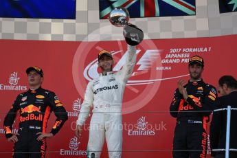 World © Octane Photographic Ltd. Formula 1 - Japanese Grand Prix - Sunday - Podium. Lewis Hamilton - Mercedes AMG Petronas F1 W08 EQ Energy+, Max Verstappen and Daniel Ricciardo - Red Bull Racing RB13. Suzuka Circuit, Suzuka, Japan. Sunday 8th October 2017. Digital Ref:1981LB1D1362