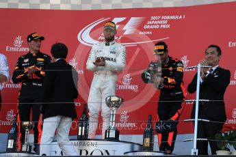 World © Octane Photographic Ltd. Formula 1 - Japanese Grand Prix - Sunday - Podium. Lewis Hamilton - Mercedes AMG Petronas F1 W08 EQ Energy+, Max Verstappen and Daniel Ricciardo - Red Bull Racing RB13. Suzuka Circuit, Suzuka, Japan. Sunday 8th October 2017. Digital Ref:1981LB1D1425