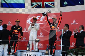 World © Octane Photographic Ltd. Formula 1 - Japanese Grand Prix - Sunday - Podium. Lewis Hamilton - Mercedes AMG Petronas F1 W08 EQ Energy+, Max Verstappen and Daniel Ricciardo - Red Bull Racing RB13. Suzuka Circuit, Suzuka, Japan. Sunday 8th October 2017. Digital Ref:1981LB1D1439