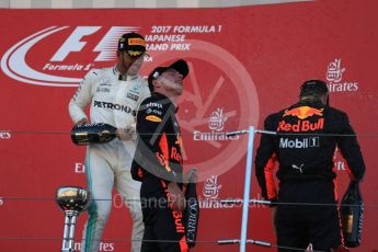 World © Octane Photographic Ltd. Formula 1 - Japanese Grand Prix - Sunday - Podium. Lewis Hamilton - Mercedes AMG Petronas F1 W08 EQ Energy+, Max Verstappen and Daniel Ricciardo - Red Bull Racing RB13. Suzuka Circuit, Suzuka, Japan. Sunday 8th October 2017. Digital Ref:1981LB1D1534