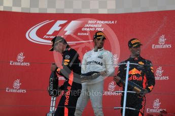 World © Octane Photographic Ltd. Formula 1 - Japanese Grand Prix - Sunday - Podium. Lewis Hamilton - Mercedes AMG Petronas F1 W08 EQ Energy+, Max Verstappen and Daniel Ricciardo - Red Bull Racing RB13. Suzuka Circuit, Suzuka, Japan. Sunday 8th October 2017. Digital Ref:1981LB1D1548
