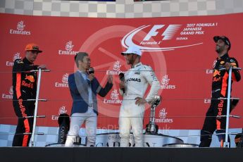 World © Octane Photographic Ltd. Formula 1 - Japanese Grand Prix - Sunday - Podium. Lewis Hamilton - Mercedes AMG Petronas F1 W08 EQ Energy+, Max Verstappen and Daniel Ricciardo - Red Bull Racing RB13 with Takuma Sato. Suzuka Circuit, Suzuka, Japan. Sunday 8th October 2017. Digital Ref:1981LB1D1728
