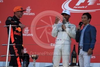 World © Octane Photographic Ltd. Formula 1 - Japanese Grand Prix - Sunday - Podium. Lewis Hamilton - Mercedes AMG Petronas F1 W08 EQ Energy+ and Max Verstappen - Red Bull Racing RB13 with Takuma Sato. Suzuka Circuit, Suzuka, Japan. Sunday 8th October 2017. Digital Ref:1981LB1D1850