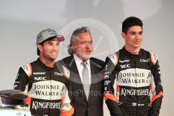 Sahara Force India VJM10 launch – Silverstone, 22nd February 2017. World © Octane Photographic Ltd. Vijay Mallya (Team Owner), Sergio Perez and Esteban Ocon. Digital Ref : 1776LB1D7481