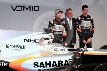 Sahara Force India VJM10 launch – Silverstone, 22nd February 2017. World © Octane Photographic Ltd. Vijay Mallya (Team Owner), Sergio Perez and Esteban Ocon. Digital Ref : 1776LB1D7484