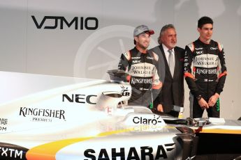 Sahara Force India VJM10 launch – Silverstone, 22nd February 2017. World © Octane Photographic Ltd. Vijay Mallya (Team Owner), Sergio Perez and Esteban Ocon. Digital Ref : 1776LB1D7485