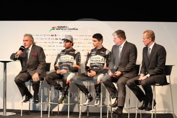 Sahara Force India VJM10 launch – Silverstone, 22nd February 2017. Vijay Mallya (Team Owner), Sergio Perez, Esteban Ocon, Otmar Szafnauer (Chief operating officer) and Andrew Green (Technical Director). World © Octane Photographic Ltd. Digital Ref : 1776LB1D7501