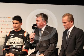 Sahara Force India VJM10 lauch – Silverstone, 22nd February 2017. World © Octane Photographic Ltd. Esteban Ocon, Otmar Szafnauer (Chief operating officer) and Andrew Green (Technical Director). Digital Ref : 1776LB1D7521