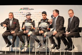 Sahara Force India VJM10 launch – Silverstone, 22nd February 2017. World © Octane Photographic Ltd. Vijay Mallya (Team Owner), Sergio Perez, Esteban Ocon, Otmar Szafnauer (Chief operating officer) and Andrew Green (Technical Director). Digital Ref : 1776LB1D7536