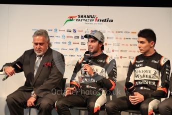 Sahara Force India VJM10 launch – Silverstone, 22nd February 2017. World © Octane Photographic Ltd. Vijay Mallya (Team Owner), Sergio Perez and Esteban Ocon. Digital Ref : 1776LB1D7546