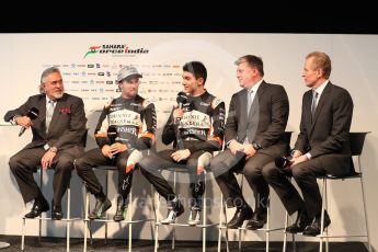 Sahara Force India VJM10 launch – Silverstone, 22nd February 2017. World © Octane Photographic Ltd. Vijay Mallya (Team Owner), Sergio Perez, Esteban Ocon, Otmar Szafnauer (Chief operating officer) and Andrew Green (Technical Director). Digital Ref : 1776LB1D7546