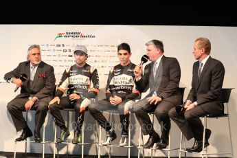 Sahara Force India VJM10 launch – Silverstone, 22nd February 2017. World © Octane Photographic Ltd. Vijay Mallya (Team Owner), Sergio Perez, Esteban Ocon, Otmar Szafnauer (Chief operating officer) and Andrew Green (Technical Director). Digital Ref : 1776LB1D7573