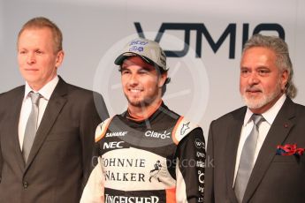 Sahara Force India VJM10 launch – Silverstone, 22nd February 2017. World © Octane Photographic Ltd. Vijay Mallya (Team Owner), Sergio Perez and Andrew Green (Technical Director). Digital Ref : 1776LB1D7640