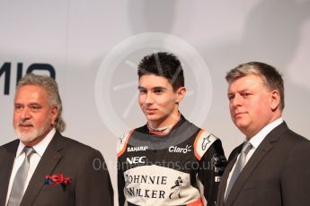 Sahara Force India VJM10 launch – Silverstone, 22nd February 2017. World © Octane Photographic Ltd. Vijay Mallya (Team Owner), Esteban Ocon and Otmar Szafnauer (Chief operating officer). Digital Ref : 1776LB1D7643