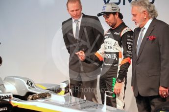 Sahara Force India VJM10 launch – Silverstone, 22nd February 2017. World © Octane Photographic Ltd. Vijay Mallya (Team Owner), Sergio Perez and Andrew Green (Technical Director). Digital Ref : 1776LB1D7654