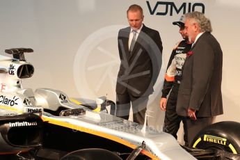 Sahara Force India VJM10 lauch – Silverstone, 22nd February 2017. World © Octane Photographic Ltd. Vijay Mallya (Team Owner), Sergio Perez and Andrew Green (Technical Director). Digital Ref : 1776LB1D7658