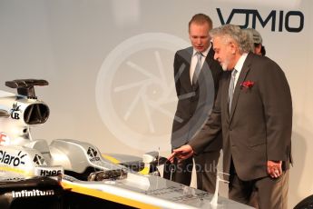 Sahara Force India VJM10 launch – Silverstone, 22nd February 2017. World © Octane Photographic Ltd. Vijay Mallya (Team Owner), Sergio Perez and Andrew Green (Technical Director). Digital Ref : 1776LB1D7662