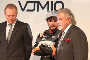 Sahara Force India VJM10 launch – Silverstone, 22nd February 2017. World © Octane Photographic Ltd. Vijay Mallya (Team Owner), Sergio Perez and Andrew Green (Technical Director). Digital Ref : 1776LB1D7668