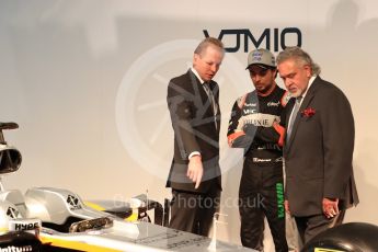 Sahara Force India VJM10 launch – Silverstone, 22nd February 2017. World © Octane Photographic Ltd. Vijay Mallya (Team Owner), Sergio Perez and Andrew Green (Technical Director). Digital Ref : 1776LB1D7675