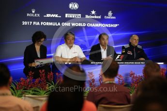 World © Octane Photographic Ltd. Formula 1 - Singapore Grand Prix – Friday Team Press Conference – Part 1. Masashi Yamamoto – General Manager Motorsports Division and Katsuhide Moriyama – Chief Officer Brand and Communications Operations Honda Motor Co., Ltd and Franz Tost – Team Principal of Scuderia Toro Rosso. Marina Bay Street Circuit, Singapore. Saturday 2nd September 2017. Digital Ref:1960LB2D1451