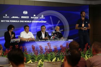 World © Octane Photographic Ltd. Formula 1 - Singapore Grand Prix – Friday Team Press Conference – Part 1. Masashi Yamamoto – General Manager Motorsports Division and Katsuhide Moriyama – Chief Officer Brand and Communications Operations Honda Motor Co., Ltd and Franz Tost – Team Principal of Scuderia Toro Rosso. Marina Bay Street Circuit, Singapore. Saturday 2nd September 2017. Digital Ref:1960LB2D1462