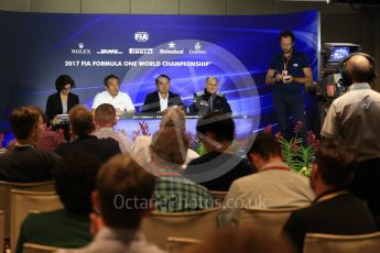 World © Octane Photographic Ltd. Formula 1 - Singapore Grand Prix – Friday Team Press Conference – Part 1. Masashi Yamamoto – General Manager Motorsports Division and Katsuhide Moriyama – Chief Officer Brand and Communications Operations Honda Motor Co., Ltd and Franz Tost – Team Principal of Scuderia Toro Rosso. Marina Bay Street Circuit, Singapore. Saturday 2nd September 2017. Digital Ref:1960LB2D1467