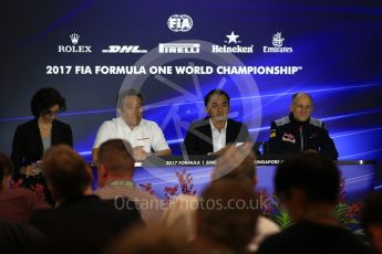 World © Octane Photographic Ltd. Formula 1 - Singapore Grand Prix – Friday Team Press Conference – Part 1. Masashi Yamamoto – General Manager Motorsports Division and Katsuhide Moriyama – Chief Officer Brand and Communications Operations Honda Motor Co., Ltd and Franz Tost – Team Principal of Scuderia Toro Rosso. Marina Bay Street Circuit, Singapore. Saturday 2nd September 2017. Digital Ref:1960LB2D1470