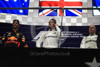 World © Octane Photographic Ltd. Formula 1 - Singapore Grand Prix - Podium. Lewis Hamilton - Mercedes AMG Petronas F1 W08 EQ Energy+, Daniel Ricciardo - Red Bull Racing RB13 and Valtteri Bottas. Marina Bay Street Circuit, Singapore. Sunday 17th September 2017. Digital Ref: