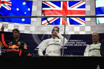 World © Octane Photographic Ltd. Formula 1 - Singapore Grand Prix - Podium. Lewis Hamilton - Mercedes AMG Petronas F1 W08 EQ Energy+, Daniel Ricciardo - Red Bull Racing RB13 and Valtteri Bottas. Marina Bay Street Circuit, Singapore. Sunday 17th September 2017. Digital Ref: